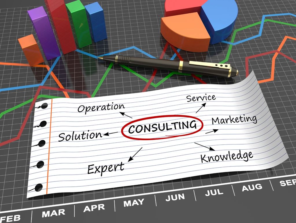 Consulting concepts with charts, graphs, and a pen on a table.