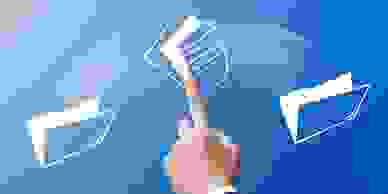 A man's hand pointing to cartoon graphics of folders and files.