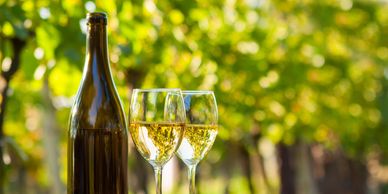 Wine bottle and two glasses filled with white wine outdoors.