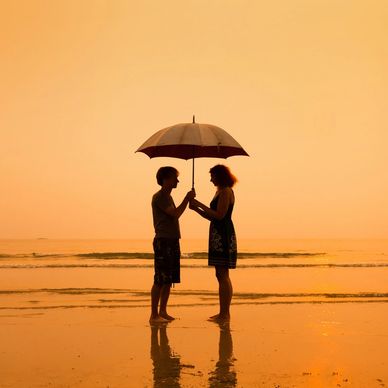 Couple holding umbrella on beach at sunset.
