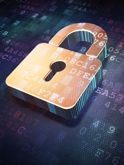 3D open padlock with digital code background representing cybersecurity breach.