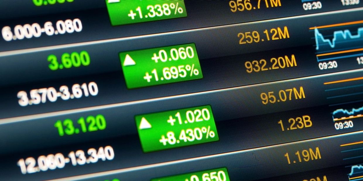 Stock market data showing prices, percentage changes, and volume with upward trends.