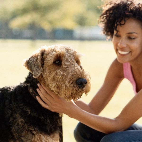 A woman smiling and petting a dog outdoors on a sunny day.