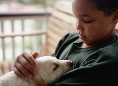 Boy holding a dog.