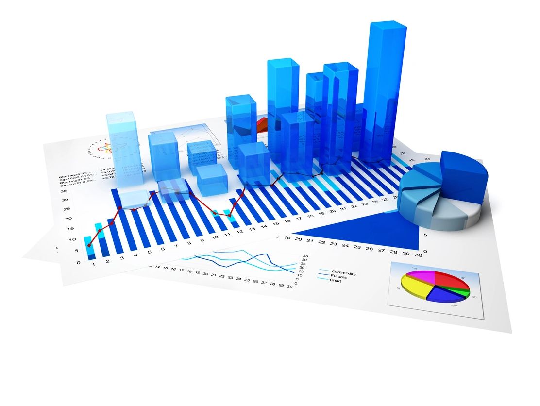 3D blue bar and pie charts on financial papers.