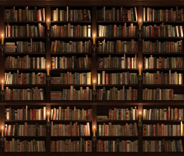 Dimly lit bookshelf filled with vintage books and wall sconces.