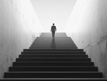 A person climbing stairs / scaling to new heights