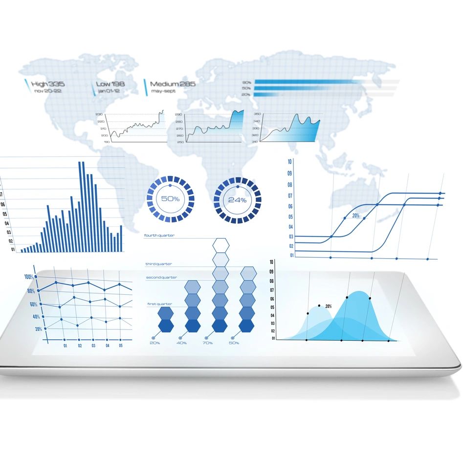 A tablet displaying various blue-toned data charts and graphs with a world map background.