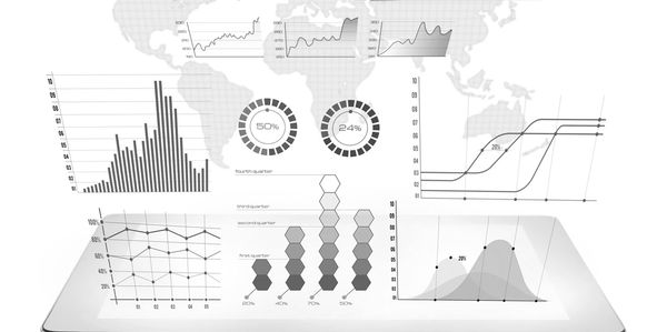 Various grayscale charts and graphs displayed over a world map background.