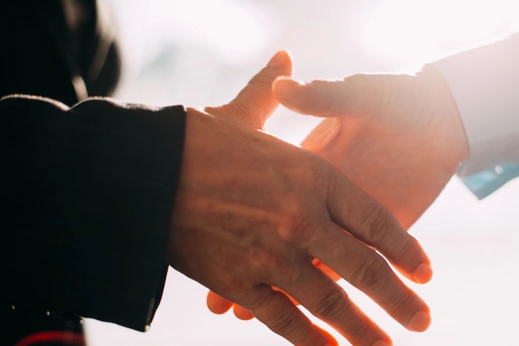 Two people shaking hands with sunlight in the background.