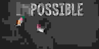 A man standing at a blackboard, erasing the letters I and M, changing the word impossible to possible