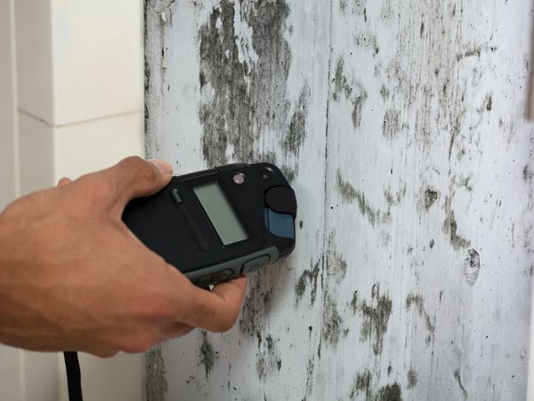 Hand holding moisture meter on a damp, moldy wall.