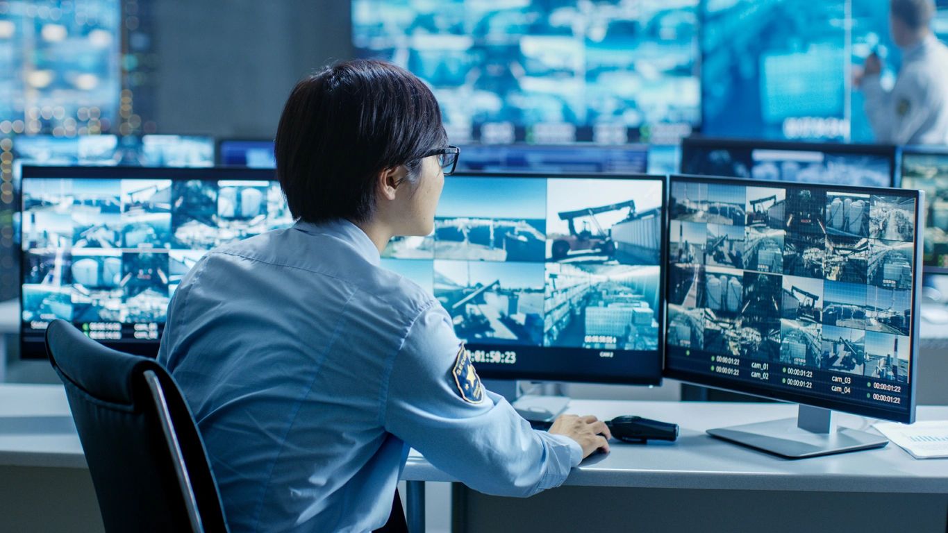 Security operations center monitoring multiple camera feeds