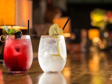 Two refreshing cocktails, one red and one clear, on a bar counter.