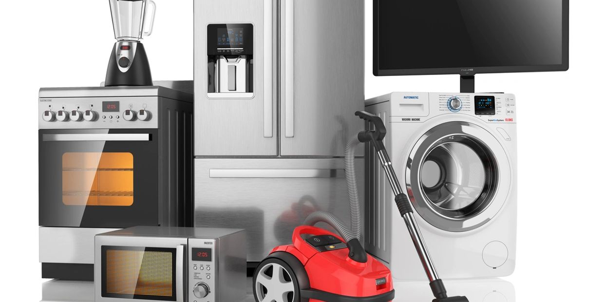 A collection of modern home appliances including a fridge, washing machine, stove, microwave, blender, vacuum, and TV.