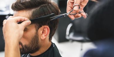Men's barber services including haircuts, beard trims, mustache trims, and hair styling.