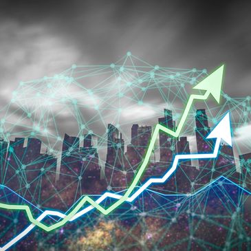 Positive trend lines in front of a cloudy cityscape