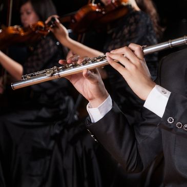 Musicians playing flute and violins in concert.