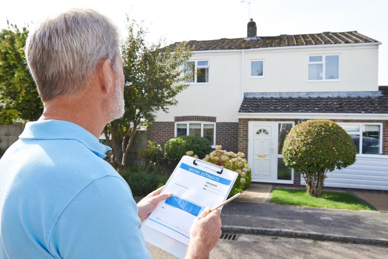 A real estate investor walks the exterior of a home as he makes notes on his clipboard.