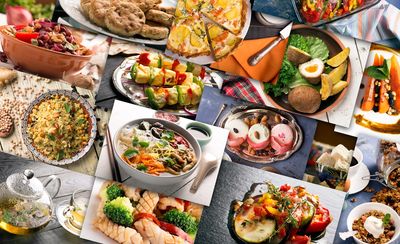 A colorful assortment of various delicious dishes and desserts arranged together.