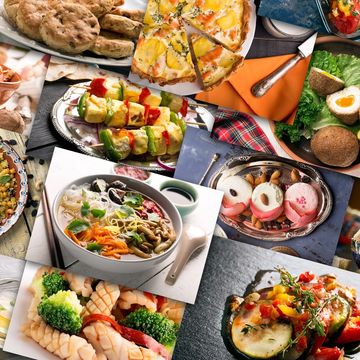 A vibrant assortment of diverse dishes including pizza, sushi, soup, and grilled vegetables.