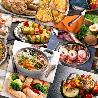 A colorful variety of dishes including skewers, soup, and desserts.