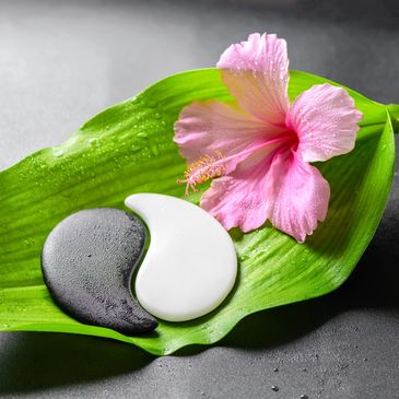 Yin / yang symbol in 2 flat rocks and pink hibiscus flower on large green leaf cropped as a circle.