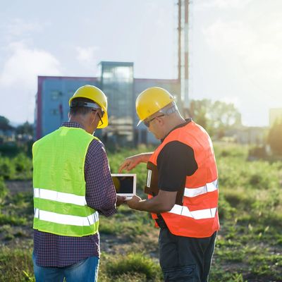 Two environmental workers looking at a laptop