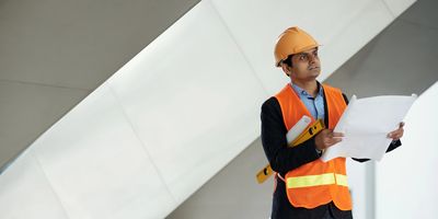 Engineer in safety gear reviewing blueprints at a construction site.