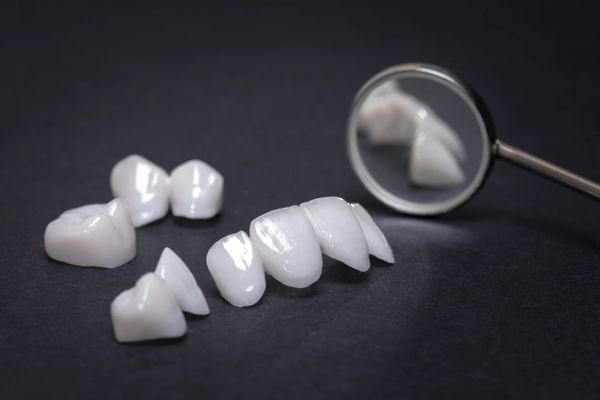 Dental veneers and a magnifying mirror on a dark surface.