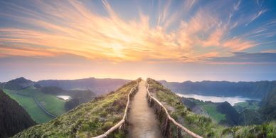 Long pathway stretching into the sunset