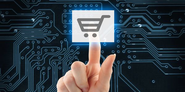 Person clicking on a shopping cart icon with a technologic background