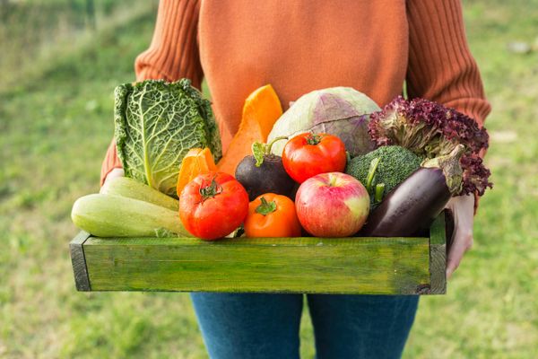 Person holding a wooden crate filled with fresh vegetables and fruits.