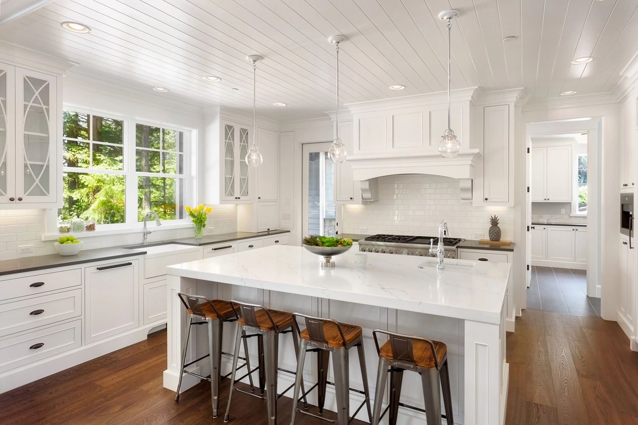 Kitchen Cabinets, Tile Backsplash, Granite or Quartz Countertops, Tile Flooring, Lighting Install