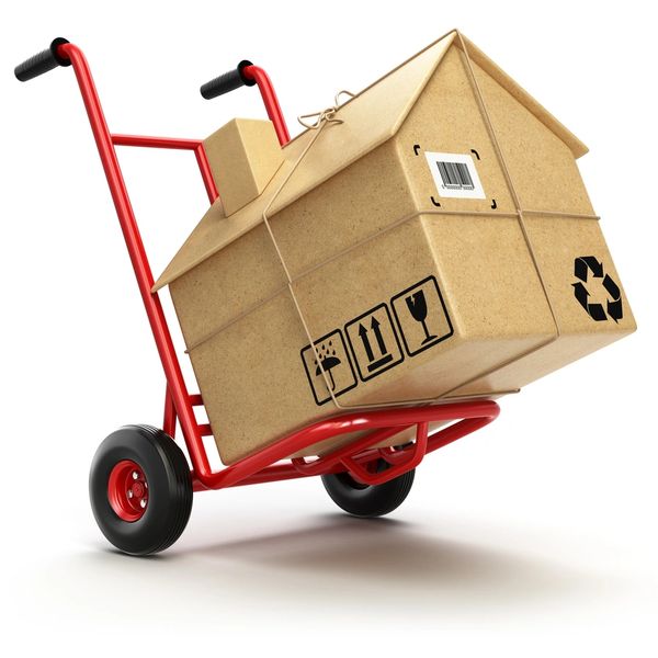 Cardboard house-shaped box on a red hand truck.
