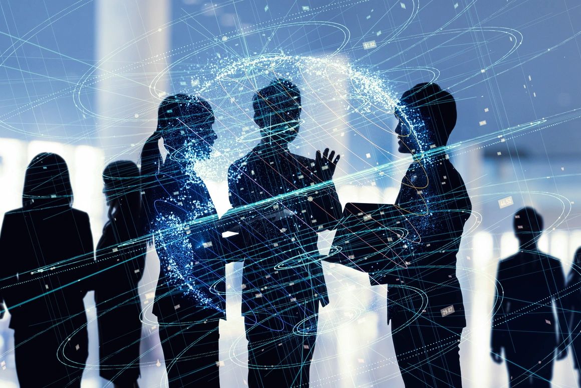 Silhouettes of business people with digital globe and data streams overlay.