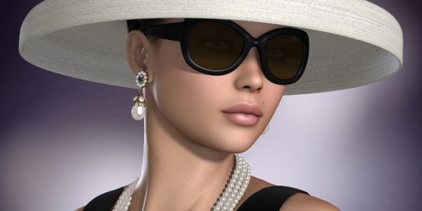 Elegant woman with large hat, sunglasses, pearl necklace, and earrings.