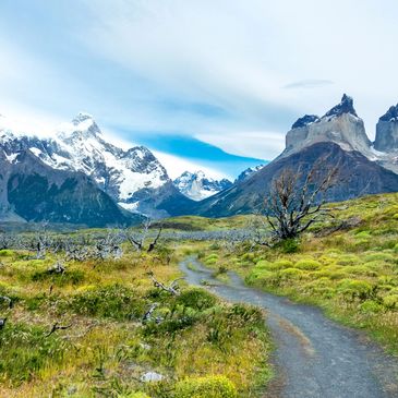 Winding path through green valley with snow-capped mountains under a cloudy sky.
