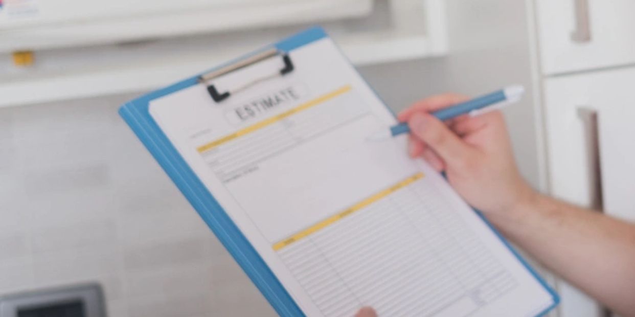 Person holding an estimate clipboard while inspecting HVAC unit.
