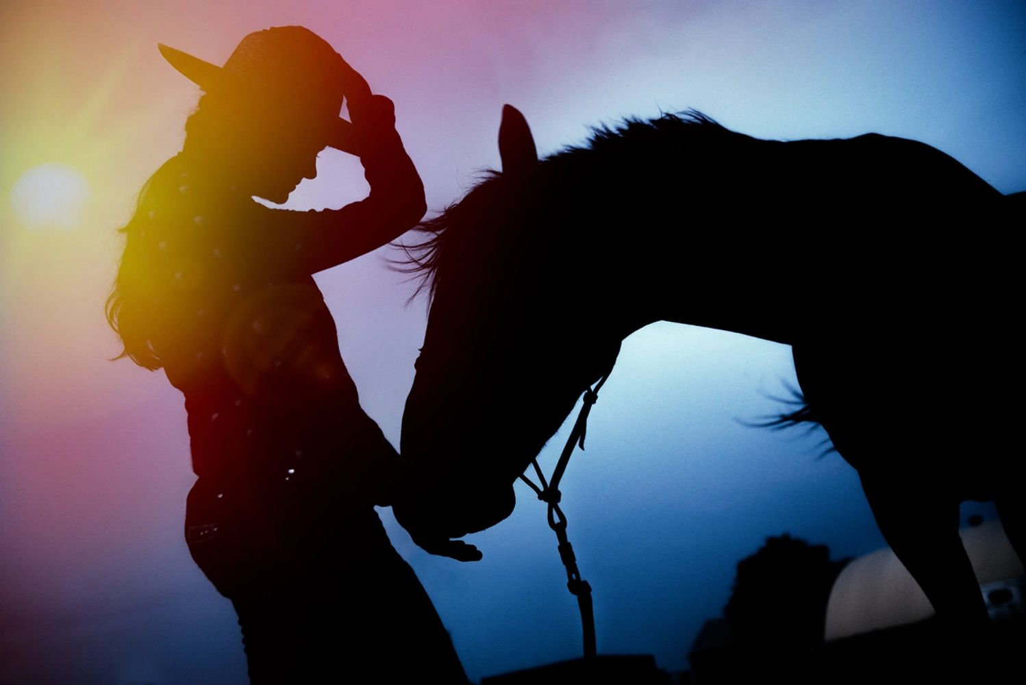 Silhouette of a cowboy with a horse at sunset, bathed in warm light.