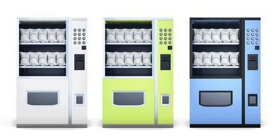 Three colorful vending machines filled with snacks.