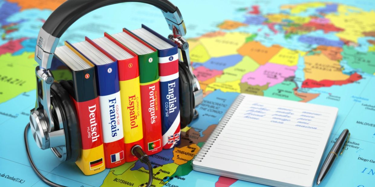 Language learning books with headphones and notebook on a world map.