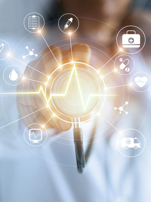 Doctor using stethoscope with medical icons and heartbeat overlay.