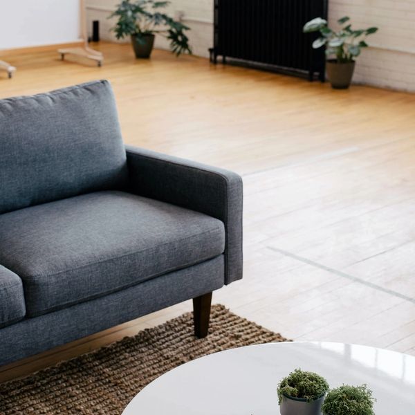 Modern gray sofa in a bright, minimalistic living room with plants and a white table.