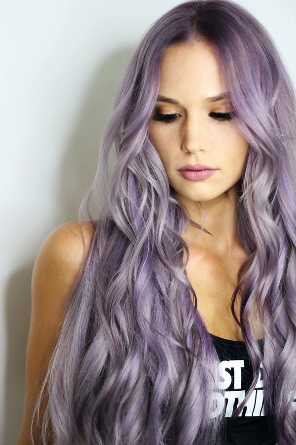 Pretty girl with lavender purple hair and hair extensions