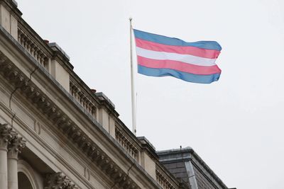 a transgender flag waving in the wind outside of an old state building