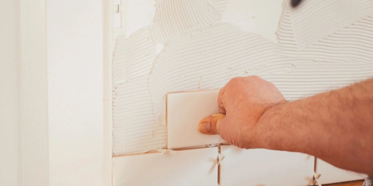 A man is renovating his home by putting new tile on the wall. 