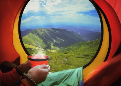Camping, camper rental. rv rental. hot drink with mountain view