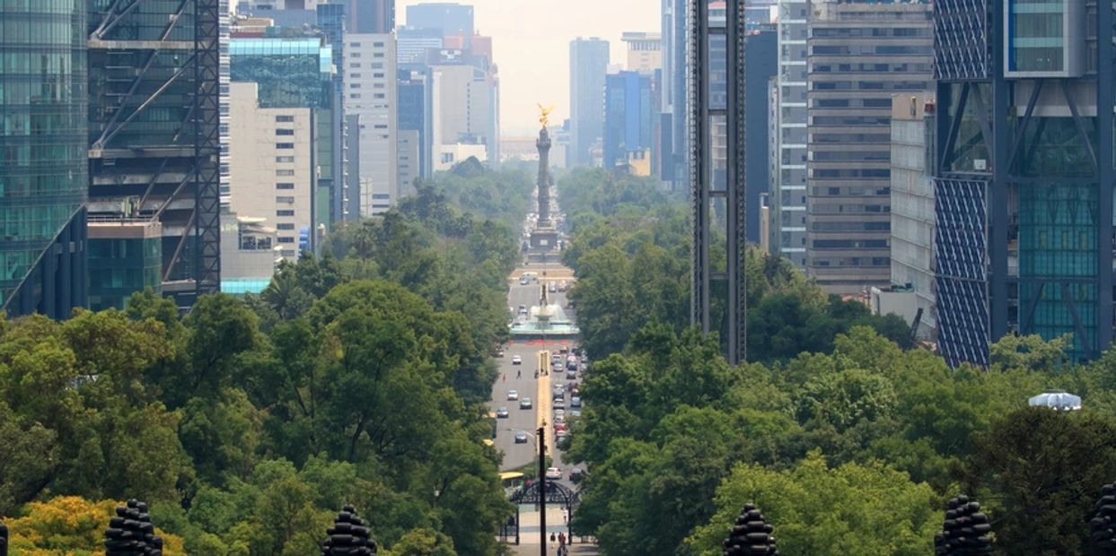 A city avenue lined with trees and tall buildings leading to a golden statue.