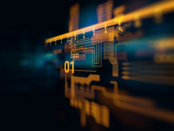 blue motherboard with gold circuits